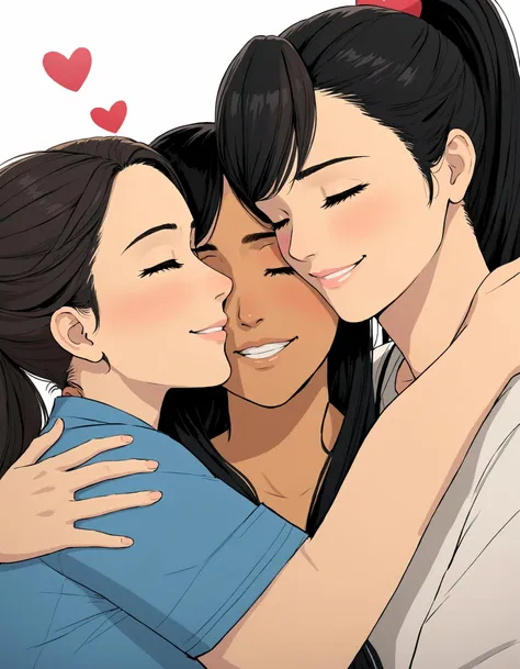 Pride Comics Style, blush, smile, multiple girls, black hair, 1boy, white background, 2girls, closed eyes, ponytail, hetero, heart, yuri, hug, colored skin, hand on another's face, animification, imminent kiss, , traditional media, cinematic angle, cinematic lighting, foreshortening, depth of field, detailed background, masterpiece, best quality , official art , <lora:PrideComicsSDXLTEST:0.8>