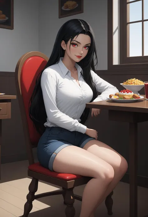 High Quality, Masterpiece, 1girl, red eyes, black hair, long hair, shirt, shorts, confident, indoors, sitting, chair, table, food, (thick thighs:0.5), narrow waist, seductive smile,