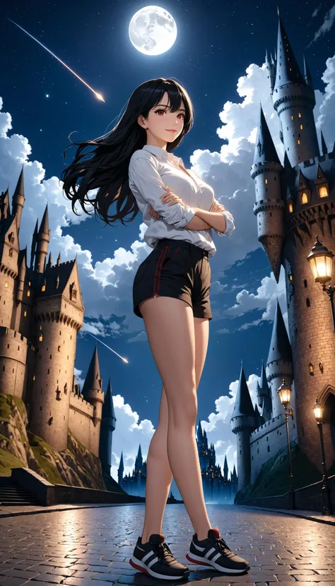 Highly detailed, High Quality, Masterpiece, beautiful, 1girl, solo, black hair, long hair, red eyes, shirt, white shirt, shorts, short shorts, black shorts, cloud, moon, Hogwarts, (castle hill:1.4), night sky, stand on street, shooting star, (strong pose:1.4), looking at viewer, seductive smile, from side, cinematic angle, cinematic lighting, masterpiece, best quality, official art