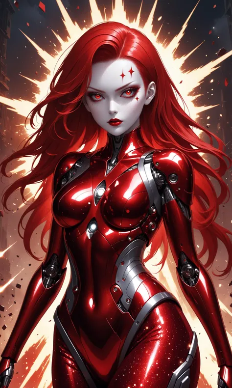 (masterpiece, best quality, ultra detailed), intricate details, shiny cyborg girl, evil female, fashion, with sparkling red gown, red hair with glitter, white skin, red make-up, long hands, explosion of power, cartoon style