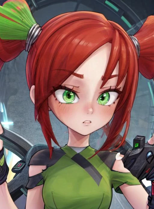 best quality, (masterpiece),(ultra-detailed), (high quality), (high resolution), <lora:add_detail:0.7> , <lora:trixie:0.7>,trixie, red hair, twintails, gloves, short twintails,green eyes, green shirt,