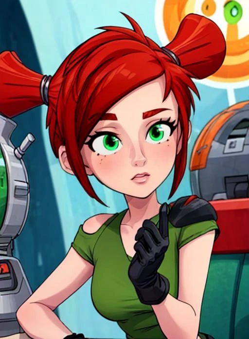 best quality, (masterpiece),(ultra-detailed), (high quality), (high resolution), <lora:add_detail:0.7> , <lora:trixie:0.7>,trixie, red hair, twintails, gloves, short twintails,green eyes, green shirt,