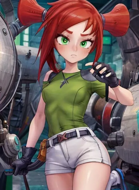 best quality, (masterpiece),(ultra-detailed), (high quality), (high resolution), <lora:add_detail:0.7> , <lora:trixie:0.7>,trixie, red hair, twintails, gloves, short twintails,green eyes, green shirt,