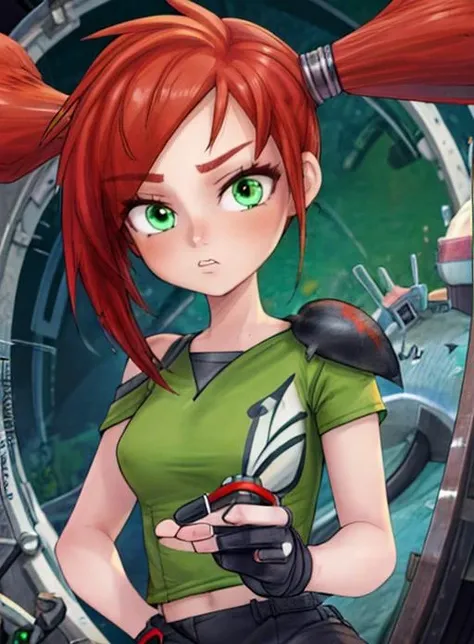 best quality, (masterpiece),(ultra-detailed), (high quality), (high resolution), <lora:add_detail:0.7> , <lora:trixie:0.7>,trixie, red hair, twintails, gloves, short twintails,green eyes, green shirt,