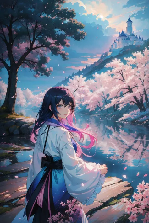1girl, (landscape art stylized by Walter Percy Day:1.0) , professional anime by Makoto Shinkai, masterpiece, Otherworldly Silky electric pink ([Polder:Suzdal:5]:1.3) from inside of The Yggdrasil Tree, Colorful nature with Azalea, Stormy weather, Ultrarealistic, Happy, Destructive Art, Ethereal Lighting, 35mm, anaglyph effect, dark blue mist, halation, octane engine, pixiv