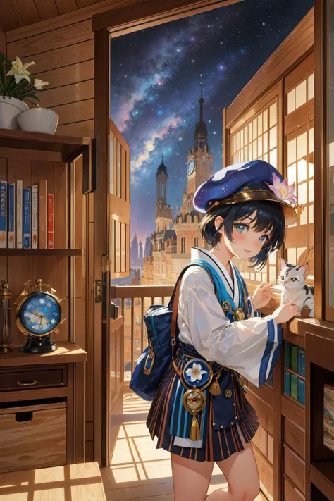 1girl, (designed by Elsie Driggs:0.8) and (Umberto Boccioni:1.1) and (Tony Cragg:1.0) , masterwork Concept art, lovely, medium wide shot of a Fantasy Deformed ([were Japanese Bobtail Cat:Lily:2]:1.3) as a Clockmaker, the Japanese Bobtail Cat is dressed in its Cromulent Hackercore fashion style Newsboy cap, Vivacious pose, space and Foliage background, Hopeless indoors and Galaxy in background, at Dawn, tilt shift, Energetic, Cubo-futurism, Side lighting, F/5, Kodachrome, blended visuals, Decoupage, UHD, trending on CGSociety