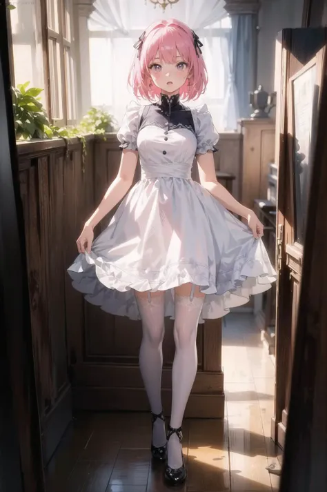 1 very cute girl, blue and white frill dress, (white stockings), pink hair, cute face, standing, indoor, sunlight,, BREAK
masterpiece, (best quality, ultra-detailed:1.4),  (ultra high res:1.5), (sharp focus), (insanely detailed:1.3), (perfect anatomy), super fine (cel animation),