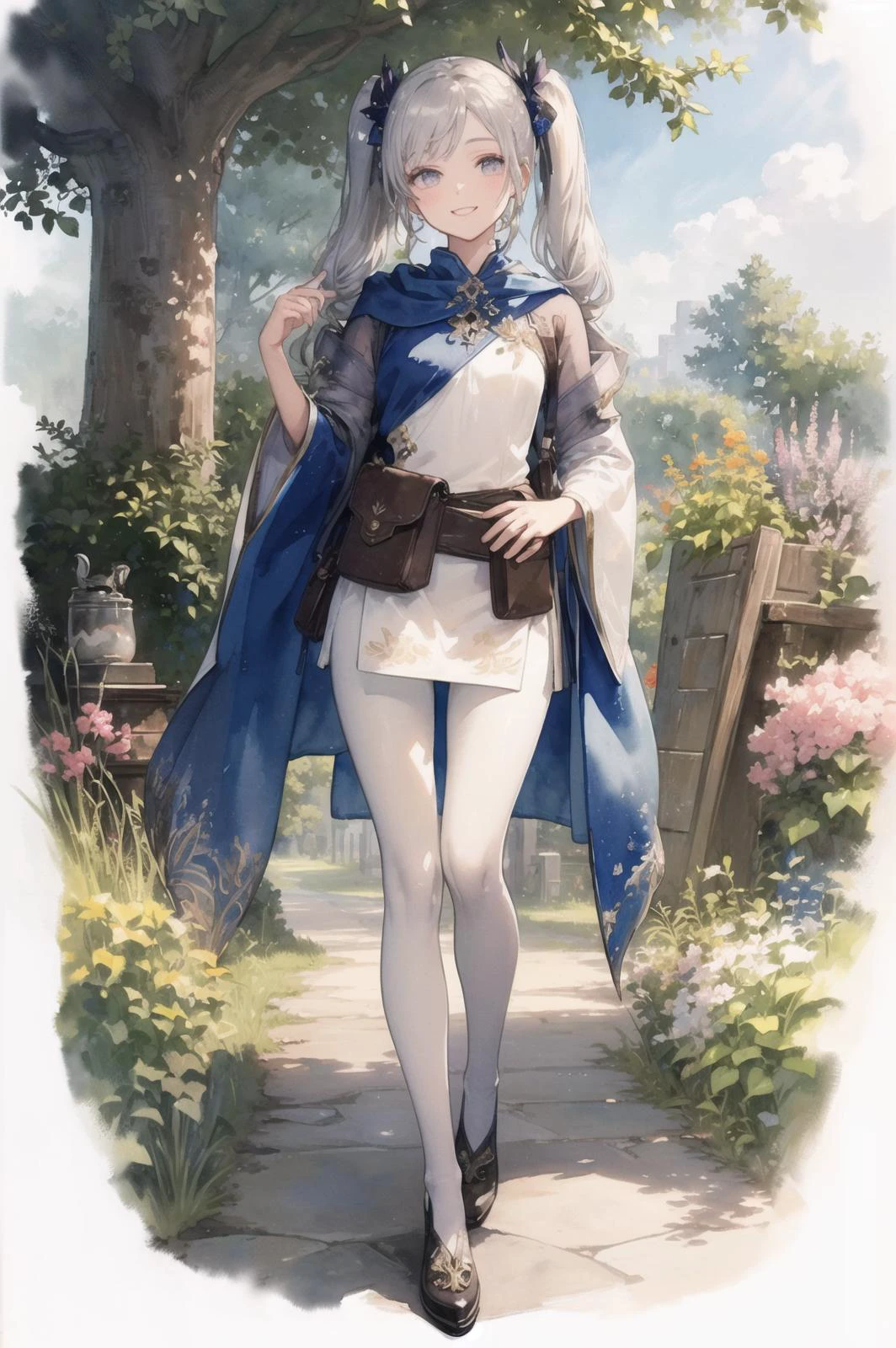 ((Transparent watercolor:1.1)), ((pastel colors:1.3)), ((extremely detailed illustration)), highres, ((extremely detailed and beautiful background)), (professional illustrasion), (official art), ((Ultra-precise depiction)), ((Ultra-detailed depiction)), (beautiful:1.2 and aesthetic:1.2), beautiful detailed, intricate:1.1, nice hands, perfect hands,
Meadows and gardens filled with aromatic herbs offer fragrant herbs and blossoms for collection. Blooming flowers sway gently as various herbs with medicinal properties grow abundantly.,
(young girl), (highly detailed beautiful face and eyes, silver hair:1.5, twintail:1.1, floating hair), (white tights up to the thighs), small stature, (small breasts), shiny skin, cute, being clearheaded, ((big smile)), (trader), (blue theme), ((Light and decorative clothing with (an embellished stole))), ((pouch) for carrying essentials and trade goods), Negotiation items and navigation tools,