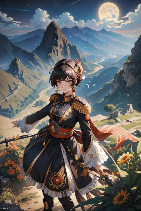 1girl, appealing Cosplay Photograph, intricate details, birds-eye-view shot of a ("The Battle of Waterloo":1.3) , it is very [Uptight|Clockwork] and Expressive, Dreadful Machu Picchu in background, dense vegetation with Shrub, at Twilight, Bokeh, Classical, Energetic, Magewave, Moonlight, dynamic, Kodak portra 800, F/5, Mono Color, gilded technique, Complex background, Unsplash, extremely hyper aesthetic, (stylized by Makoto Shinkhai:1.2) , anime key visual
