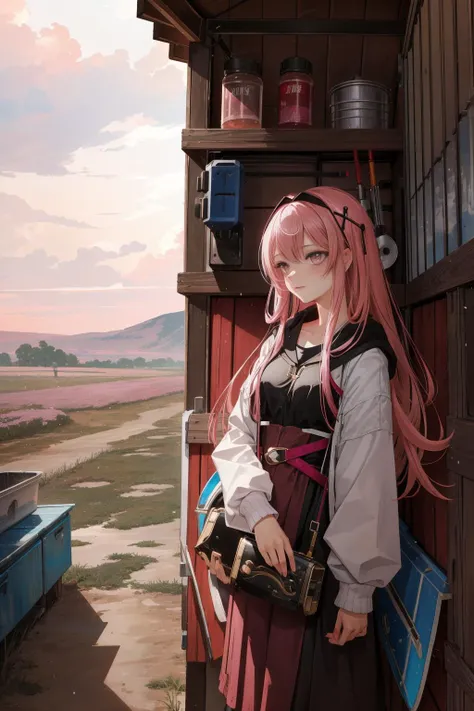 1girl, detailed folk art depiction of, hyper detailed, concept art, Resonant Rude ([Boston:Tool shed:2]:1.3) from inside of a Lilongwe, fairy tale, desolate field and Kuiper Belt in background, Stormy weather, Classical, Regret, best quality, Synthwave Art, deep pink lighting, F/14, dark red and Charcoal hue, Light streaks, Plain white background, pixiv, artstation, cyberpunk