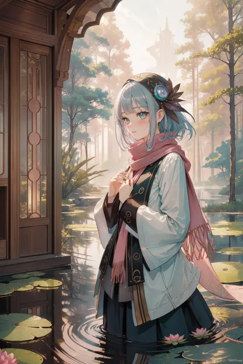 1girl, (detailed art designed by Andrew Ferez:1.3) and (Sergio Aragonés:0.7) and (Charles Gwathmey:0.8) and (Carsten Meyerdierks:0.9) , surrealism art, artistic Drawing, fairy tale, soft focus of a Parisien ([Scarf|Pine tree]:1.3) , the Scarf is very Patachitra and Award-Winning, it is sleek, it is anthropomorphic with a face, from inside of a Serious Toll road, Techno forest with Water lily pad, Thunderstorm, Sharp and in focus, ultrafine detailed, Cozy, stylized, Steampunk Art, cinematic lighting, Depth of field 270mm, Burgundy color grading, Blush Pink, Pale Gray and Mint, Decals, masterpiece, pixiv
