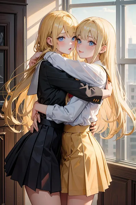 (masterpiece, best quality), 2girls, hug, blonde, school uniform, size difference,