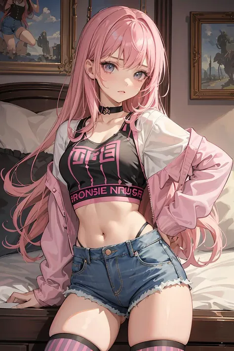 (masterpiece, best quality), 1girl, pink hair, crop top, denim shorts, bedroom, striped thighhighs,