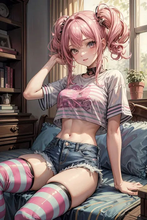 (masterpiece, best quality), 1girl, pink hair, crop top, denim shorts, bedroom, striped thighhighs, <lora:add_detail:1>,