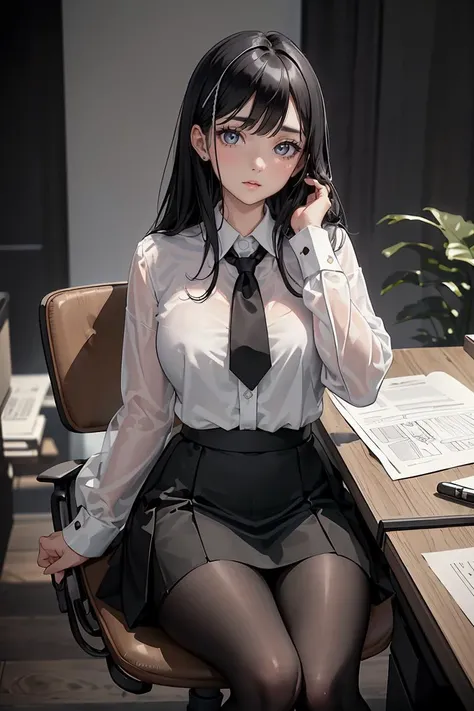 (masterpiece, best quality), a young black haired girl office secretary dressed in a transparent white blouse and black office skirt and black pantyhose ,sitting in an office chair, holding pencil, (detailed skin:1.3),(detailed eyes), (sharp focus),