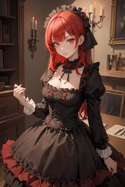 (masterpiece, best quality), 1girl, red hair, medium chest, gothic frill dress, pervert face,