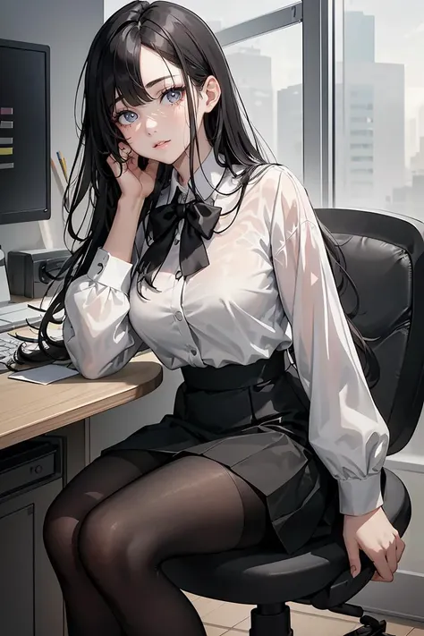 (masterpiece, best quality), a young black haired girl office secretary dressed in a transparent white blouse and black office skirt and black pantyhose ,sitting in an office chair, holding pencil, (detailed skin:1.3),(detailed eyes), (sharp focus), <lora:add_detail:1>
