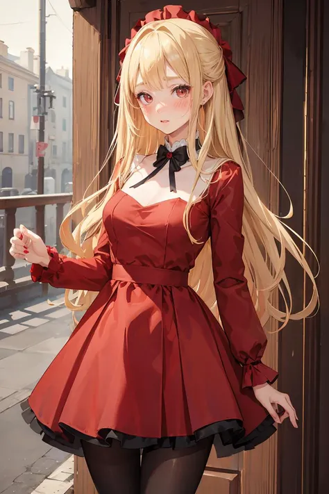 (masterpiece, best quality), 1girl, blonde hair, red dress, pantyhose, cute face, blush,