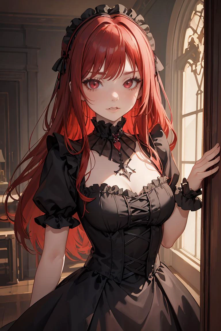 (masterpiece, best quality), 1girl, red hair, medium chest, gothic frill dress, pervert face, <lora:add_detail:1>