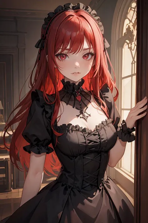 (masterpiece, best quality), 1girl, red hair, medium chest, gothic frill dress, pervert face, <lora:add_detail:1>