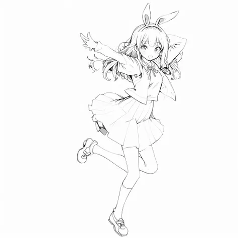 Bunny teen joy dancing, dynamic angle, (front view:1.4) monochrome, lineart, <lyco:sd2ly_line:0.75>, solo, white background, :3