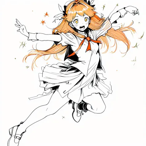 Asuka Langley joy dancing, monochrome, lineart, <lyco:sd2ly_line:0.75>, solo, white background, :3