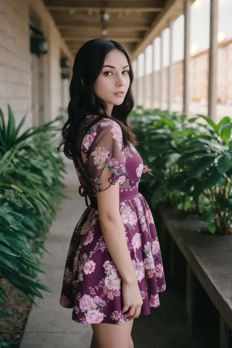 A stunning intricate full color portrait of a woman,wearing a floral dress, happy, epic character composition,by ilya kuvshinov, alessio albi, nina masic,sharp focus, natural lighting, subsurface scattering, f2, 35mm, film grain, full body in the picture <lora:ar1ana_SD15:1>