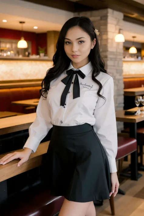 beautiful woman wearing a waitress outfit, skirt, in a restaurant, intricate details, bored <lora:ar1ana_SD15:1>