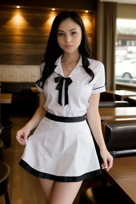 beautiful woman wearing a waitress outfit, skirt, in a restaurant, intricate details, embarrassed <lora:ar1ana_SD15:1>