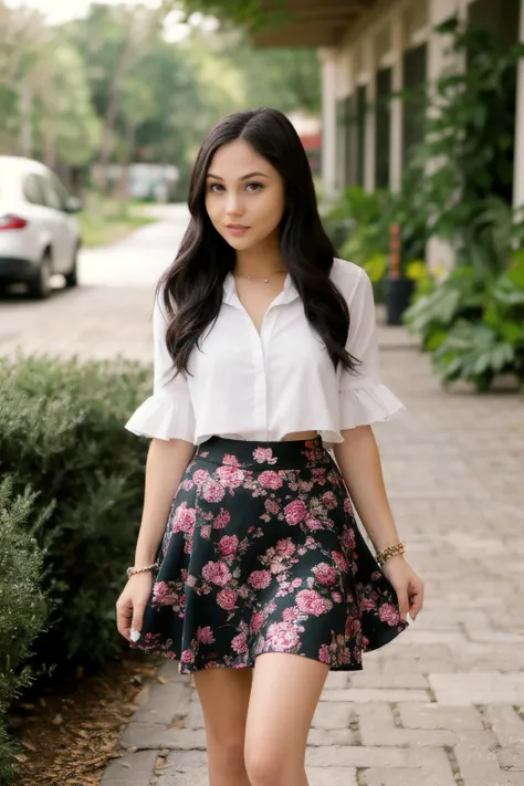 beautiful woman wearing a floral skirt, intricate details, happy <lora:ar1ana_SD15:1>