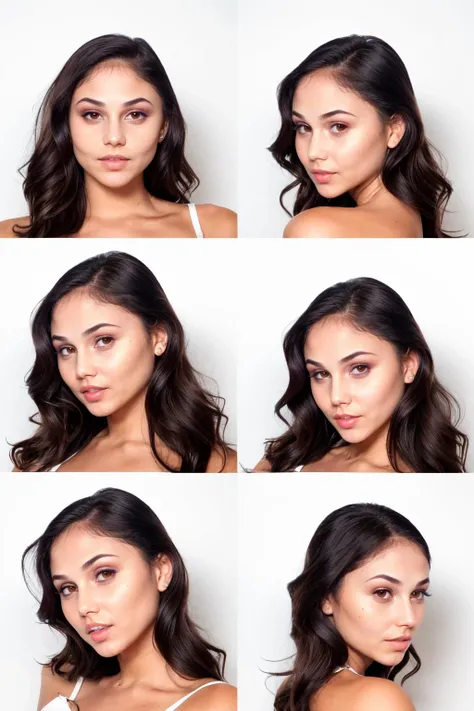 RAW portrait photo of ar1ana woman, beautiful fashion model, sexy makeup, long dark hair, looking at viewer, (white background:1.3), (high detailed skin:1.2), 8k uhd, dslr, soft lighting, high quality, film grain, Fujifilm XT3 <lora:ar1ana_SD15:1>, detailed skin texture, (blush:0.5), (goosebumps:0.5), subsurface scattering