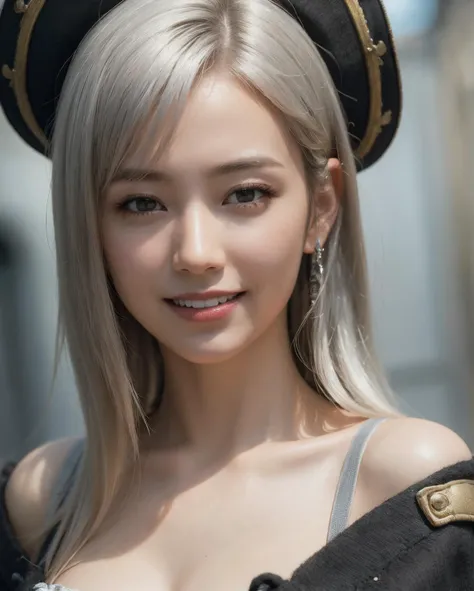Best quality, masterpiece, ultra high res, (photorealistic:1.4), raw photo, 1girl, silver hair, shiny skin, dramatic lighting,(sweet smile:1.2), <lora:PiratePunkAIV4-000004:0.44>, piratepunkai, Juan, Park