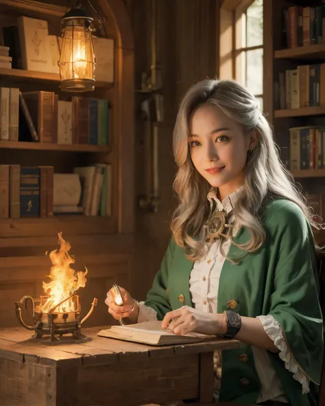 Best quality, masterpiece, ultra high res, (photorealistic:1.4), raw photo, 1girl, silver hair, shiny skin, dramatic lighting,(sweet smile:1.2), <lora:PiratePunkAIV4-000004:0.44>, piratepunkai, Yang, Mansion bedroom, 5fingers, best shadow, studio lighting,
looking down, solo, upper body, detailed background, detailed face, (<lora:steampunkai10MBLora_10mb:0.5>, steampunkai, steampunk theme:1.1) evil mage, tattered gray magical robes, (grin:0.8), green color scheme, dark green light, library, bookshelves, glowing magical runes, dark atmosphere, shadows, realistic lighting, floating particles, embers, surrounded by fire, <lora:FirevfxCreateMore_v2:0.4>, casting spell, summoning, (thick melting candles:0.8), green arcane symbols, bloom,,
