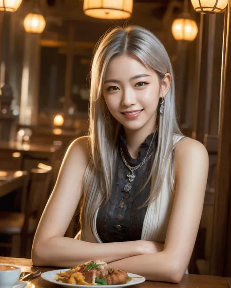 Best quality, masterpiece, ultra high res, (photorealistic:1.4), raw photo, 1girl, silver hair, shiny skin, dramatic lighting,(sweet smile:1.2), <lora:PiratePunkAIV4-000004:0.44>, piratepunkai, Wei, Restaurant