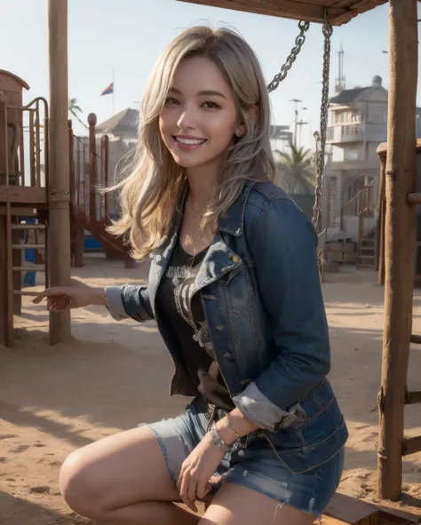 Best quality, masterpiece, ultra high res, (photorealistic:1.4), raw photo, 1girl, silver hair, shiny skin, dramatic lighting,(sweet smile:1.2), <lora:PiratePunkAIV4-000004:0.44>, piratepunkai, Luis, Playground