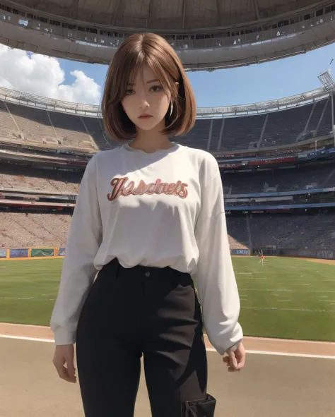 hair rings,Choppy,Caramel hair,
pants rolled up,
Loafers,
Sports stadium,