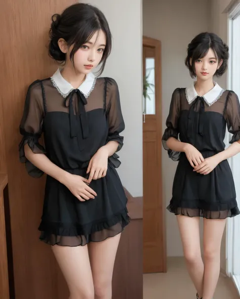 half updo,Lob cut,Black hair,
Sheer chiffon blouse with ruffle collar,
30yo teen age,
small breasts,
chaps,
Platform heels