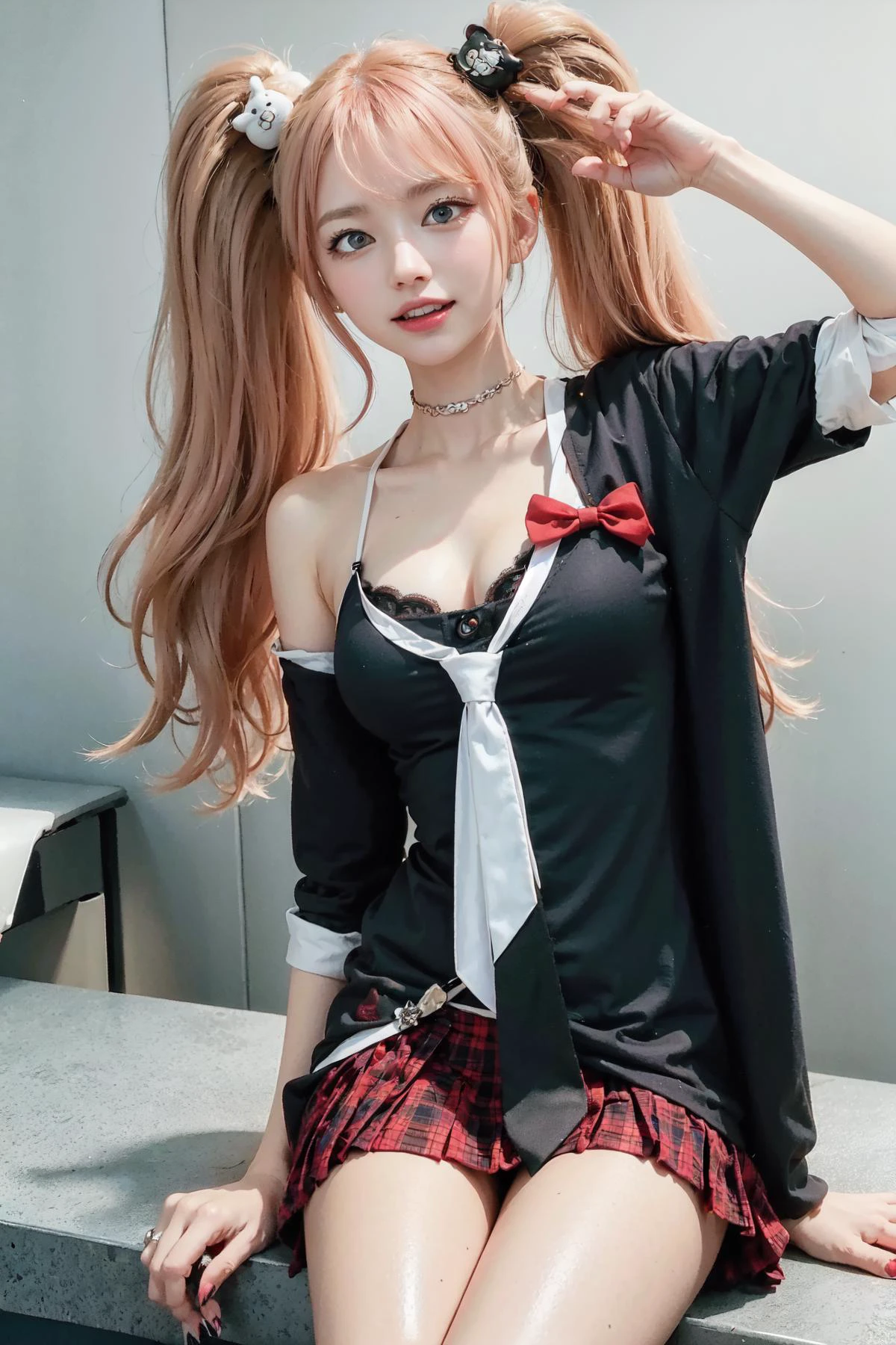 long hair, 1girl, hair ornament, twintails, solo, breasts, blue eyes, cleavage, bow, bear hair ornament, necktie, blonde hair, smile, bangs, large breasts, looking at viewer, collarbone, shirt, nail polish, red bow, black shirt, underwear, bra, skirt, choker, black bra, sleeves rolled up, white necktie, red nails, open mouth, pleated skirt, red skirt, shiny, teeth, medium breasts, miniskirt, shiny hair, upper body, school uniform, pink hair, boots, upper teeth only, plaid skirt, blush, knee boots, plaid, black footwear, cross-laced footwear, junko enoshima <lora:junko-enoshima-lora-3:0.8:MIDDS> undressing,
<lora:pureInnocentGirl_v10(Pure_Innocent_girl):0.5>, Pure_Innocent_girl, pale skin