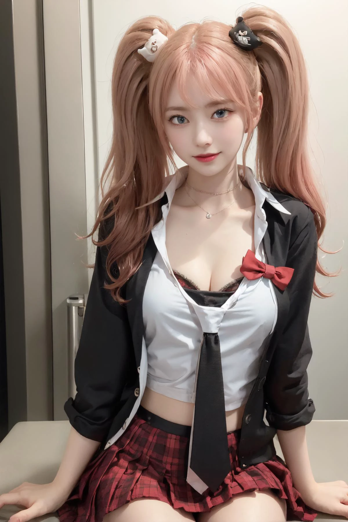 best quality, masterpiece, portrait, a photography of a beautiful girl, detailed face, naughty smile, (blush:1.2), long hair, 1girl, hair ornament, twintails, solo, breasts, blue eyes, cleavage, bow, bear hair ornament, necktie, blonde hair, smile, bangs, large breasts, looking at another, collarbone, shirt, nail polish, red bow, black shirt, bra, choker, black bra, sleeves rolled up, white necktie, red nails, open mouth, pleated skirt, red skirt, shiny, teeth, medium breasts, shiny hair, upper body, school uniform, pink hair, boots, upper teeth only, knee boots, plaid, junko enoshima <lora:junko-enoshima-lora-3:0.8:MIDDS>, random pose, random background,
BREAK
<lora:pureInnocentGirl_v10(Pure_Innocent_girl):0.5>, Pure_Innocent_girl, pale skin, delicate face, porcelain skin, ((upper body)), pov, (((depth of field))), pale and lustrous skin,
neon glow, random background, vivid,detailed, realistic, beautiful, stunning lighting, stunning reflections, ,