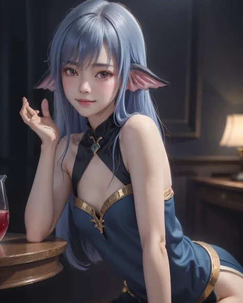 best quality, ultra hi res, photoreaslistic, a photography of a beautiful girl, (PureErosFace_V1:0.45), sweet smile, (blush:1.2), detailed face, (masterpiece, best quality, intricate details, ultra details, ultra quality, highres, best shadow, best illumination, 4k) Levia, fish ears, small breasts:1.8, flat chested:1, , red eyes, detailed background, warm lighting, colorful:1.5 <lora:Levia[Levia,fish ears,short blue kimono,short blue pants]:0.7> pov, (((depth of field))), pale and lustrous skin, random pose, random background, blue hair,