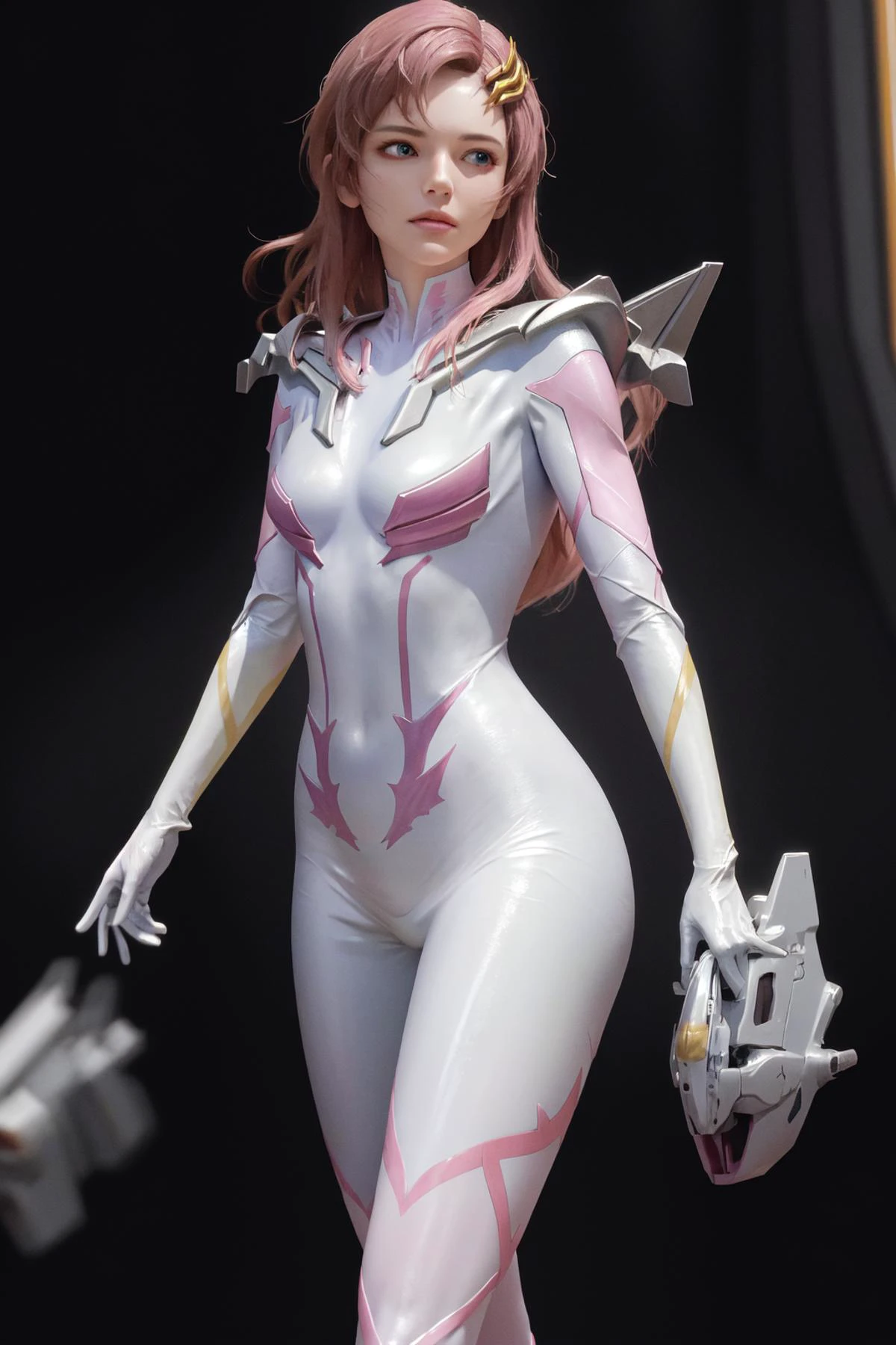 masterpiece, best quality, highres, 1girl hair ornament, pilot suit white gloves <lora:lacus_clyne_pilot_suit:1> photorealistic