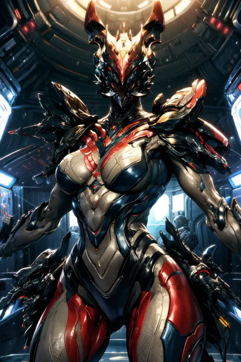 masterpiece,best quality,1girl,warframe,Voruna,bodysuit,gloves,helmet,shoulder pads,shoulder armor,wide hips,(dynamic pose,fighting stance),science fiction,spacecraft interior,cowboy shot,<lora:Concept-control tool-add_detail-CyberAIchemist:0.3>,<lora:Voruna:0.7>,