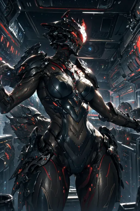masterpiece,best quality,1girl,warframe,Dagath,faceless,large breasts,wide hips,thick thighs,bodysuit,armor,pelvic curtain,standing,(bent over),cowboy shot,spacecraft interior,science fiction,dutch angle,
