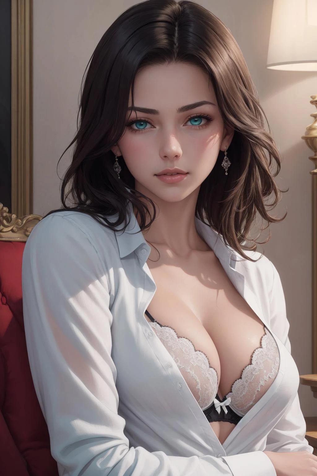 raw photo, professional artwork, high quality, wallpaper, realistic, a portrait of a beautiful woman, posing seductively, (wearing a white formal shirt), cleavage bra, vixen, teal eyes, small breasts, ornate, callipygian, beautiful detailed face,