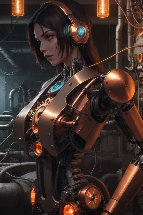 ultra realistic cg, ultra detailed digital art, absurdres, a steampunk android, close up, upper body shot, mechanical limbs, hydraulics, bronze, copper, motors, wires, circuitry, robotic midsection, pipes, steam, gears, cogs, headphones, highly detailed, vibrant, glowing, light particles,