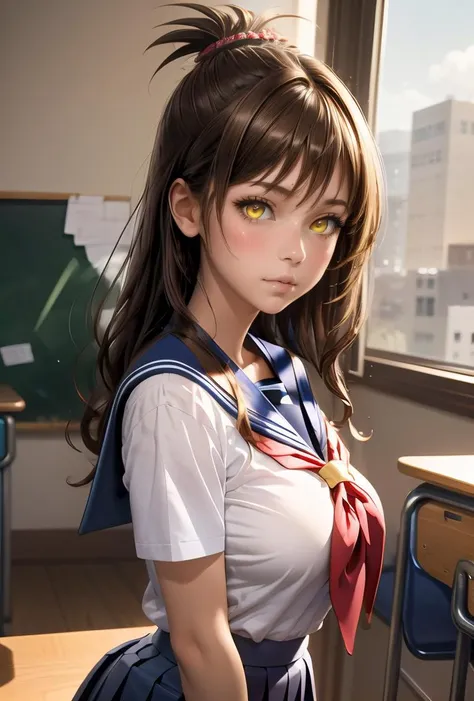 (masterpiece, best quality), 1girl, <lora:çµå ç¾æ Mikan Yuki (To LOVE Ru):0.8> mikan_a, brown hair, yellow eyes, hair ornaments, long hair, topknot, wavy hair, , sailor school uniform, sailor collar, plead skirt,