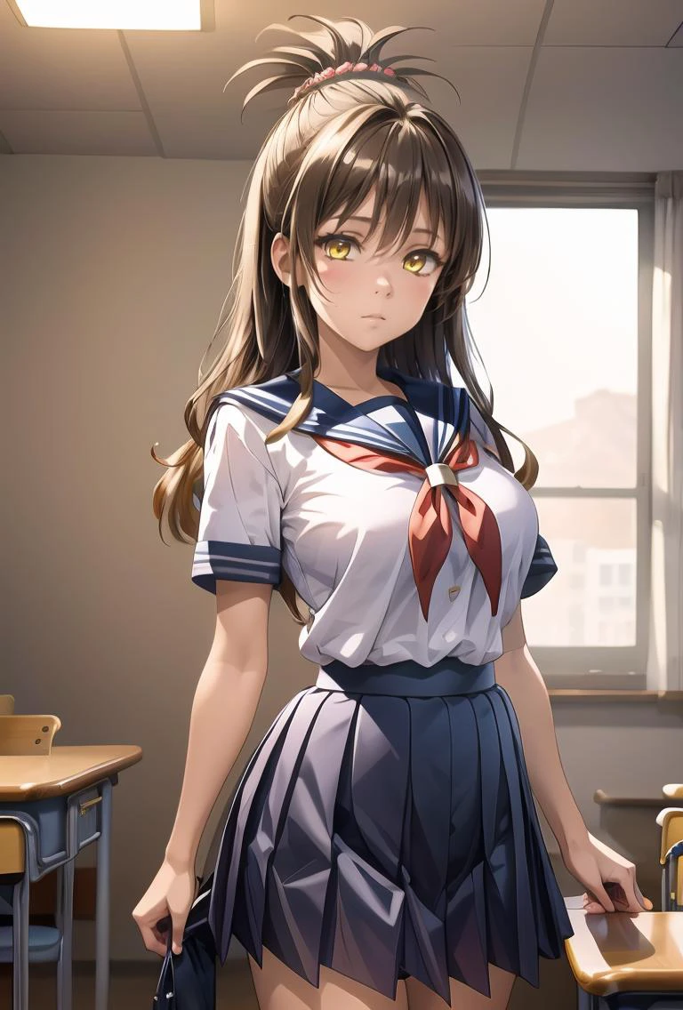 (masterpiece, best quality), 1girl, <lora:çµå ç¾æ Mikan Yuki (To LOVE Ru):0.8> mikan_a, brown hair, yellow eyes, hair ornaments, long hair, topknot, wavy hair, , sailor school uniform, sailor collar, plead skirt,