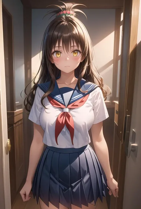 (masterpiece, best quality), 1girl, <lora:çµå ç¾æ Mikan Yuki (To LOVE Ru):0.8> mikan_a, brown hair, yellow eyes, hair ornaments, long hair, topknot, wavy hair, , sailor school uniform, sailor collar, plead skirt,