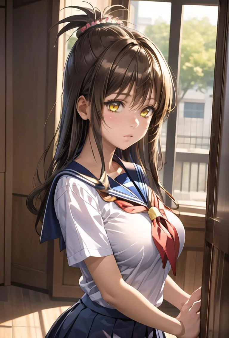 (masterpiece, best quality), 1girl, <lora:çµå ç¾æ Mikan Yuki (To LOVE Ru):0.8> mikan_a, brown hair, yellow eyes, hair ornaments, long hair, topknot, wavy hair, , sailor school uniform, sailor collar, plead skirt,