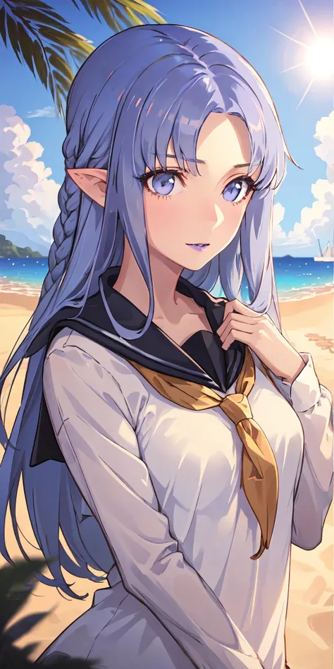 (masterpiece, sidelighting, finely detailed beautiful eyes: 1.2), glowing eyes, shiny hair, lustrous skin, solo, sailor collar, sailor shirt, ocean, beach, lens flare, <lora:Medea:1>, MedeaCas, water, blue eyes, purple lips, braid, pointy ears,